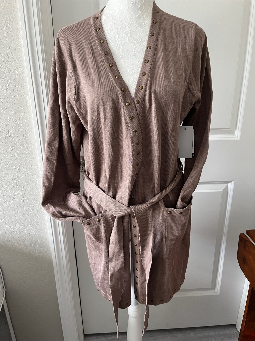 Steve Madden Taupe Long Sleeve Belted V-Neck Cardigan with Stud Trim